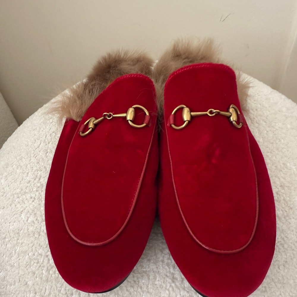 Gucci real fur open back slides